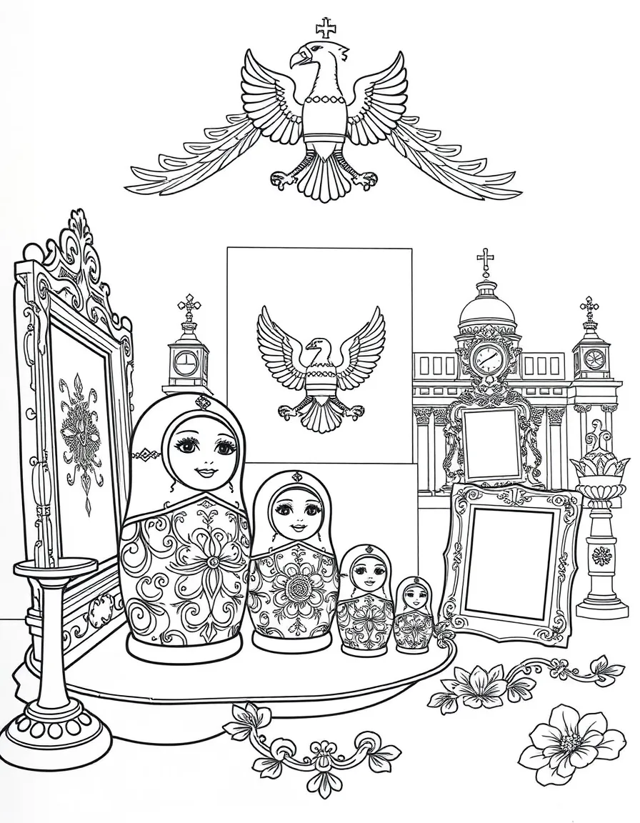 The Hermitage Museum treasures with Russian nested dolls, imperial eagle symbols, ornate picture frames, and palace architecture details