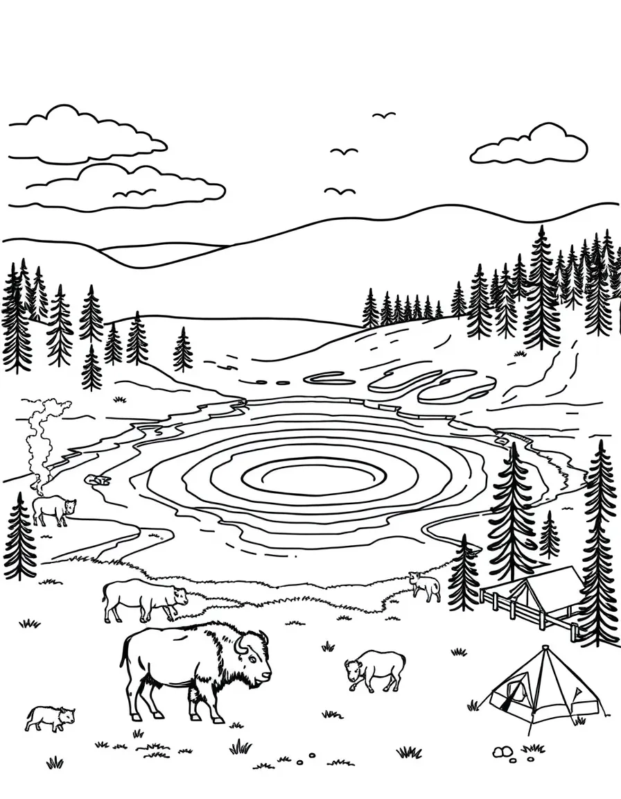 Yellowstone's Grand Prismatic Spring with rainbow colors, bison families, geyser steam, camping tents, and park ranger stations