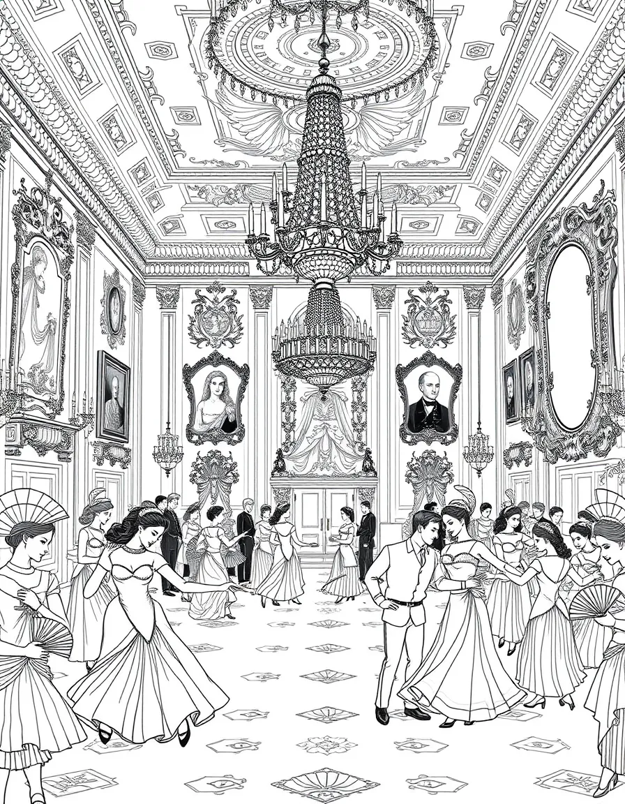 The Hermitage Palace ballroom with Russian waltz dancers, crystal chandeliers, ornate mirrors, aristocratic fans, and imperial portraits