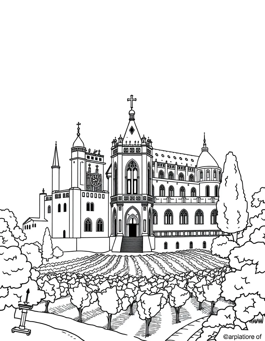 The Palace of the Popes in Avignon with medieval manuscripts, Gothic architecture details, French countryside vineyards, and papal symbols