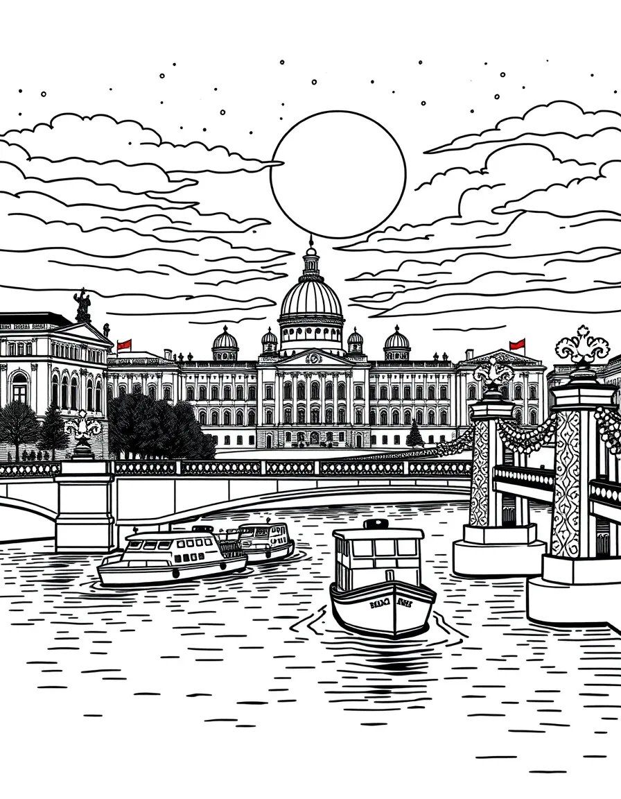 The Hermitage White Nights with Russian midnight sun, palace silhouettes, Neva River boats, and St. Petersburg bridge decorations