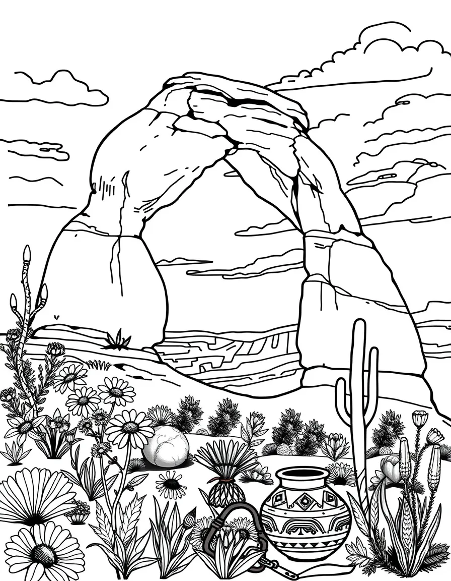 Arches National Park's Delicate Arch with desert wildflowers, red rock climbing gear, Utah state symbols, and southwestern pottery