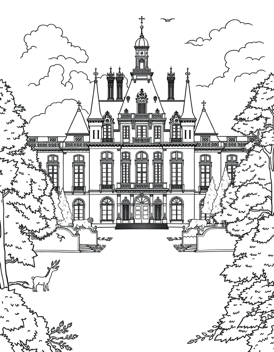 The Palace of Fontainebleau with French hunting scenes, royal forest animals, Renaissance art frames, and Loire Valley château elements