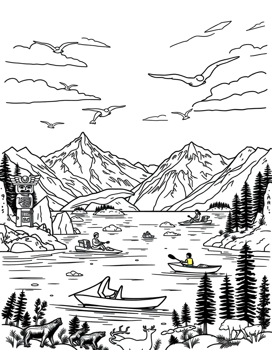 Glacier Bay with humpback whales, ice calving scenes, Alaskan totem poles, kayaking adventures, and northern wildlife silhouettes