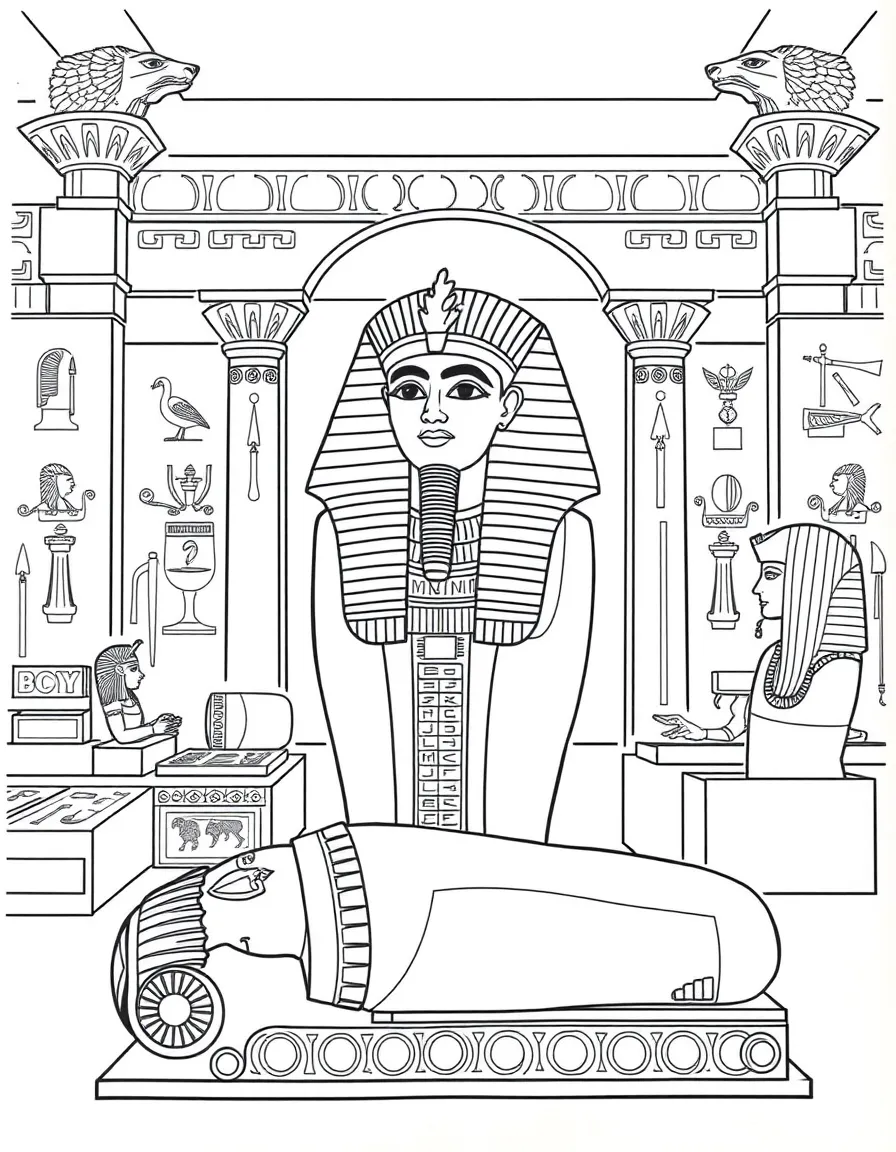 The Hermitage Museum Egyptian collection with pharaoh symbols, mummy cases, hieroglyphic decorations, and ancient artifact displays