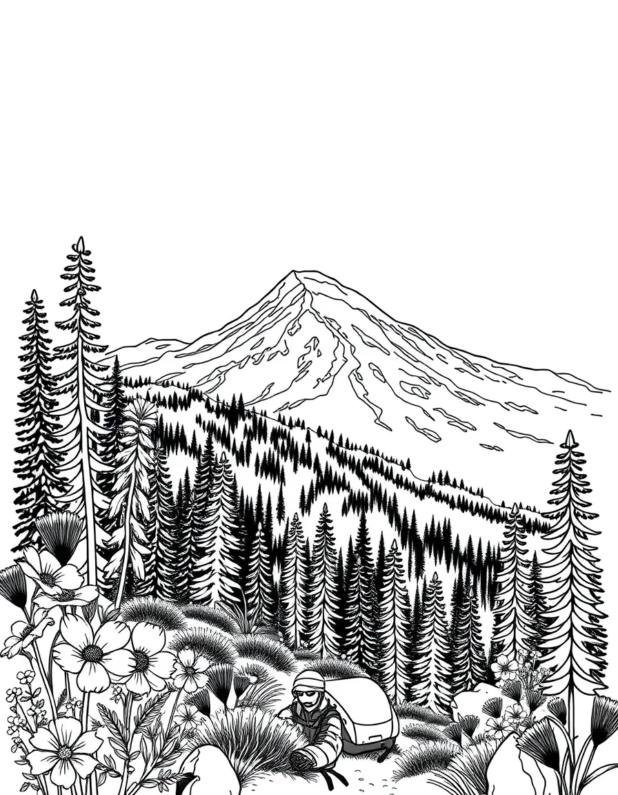 Mount Rainier with alpine wildflowers, mountain climbing gear, Pacific Northwest camping scenes, and snow-capped peak reflections