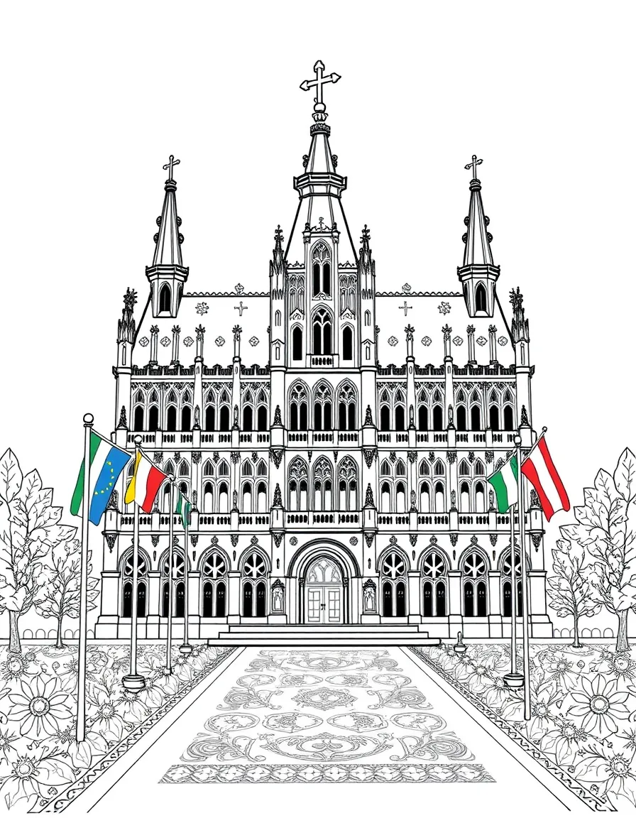 The Palace of Justice in Brussels with European Union flags, Belgian lace patterns, chocolate wrapper designs, and medieval guild symbols