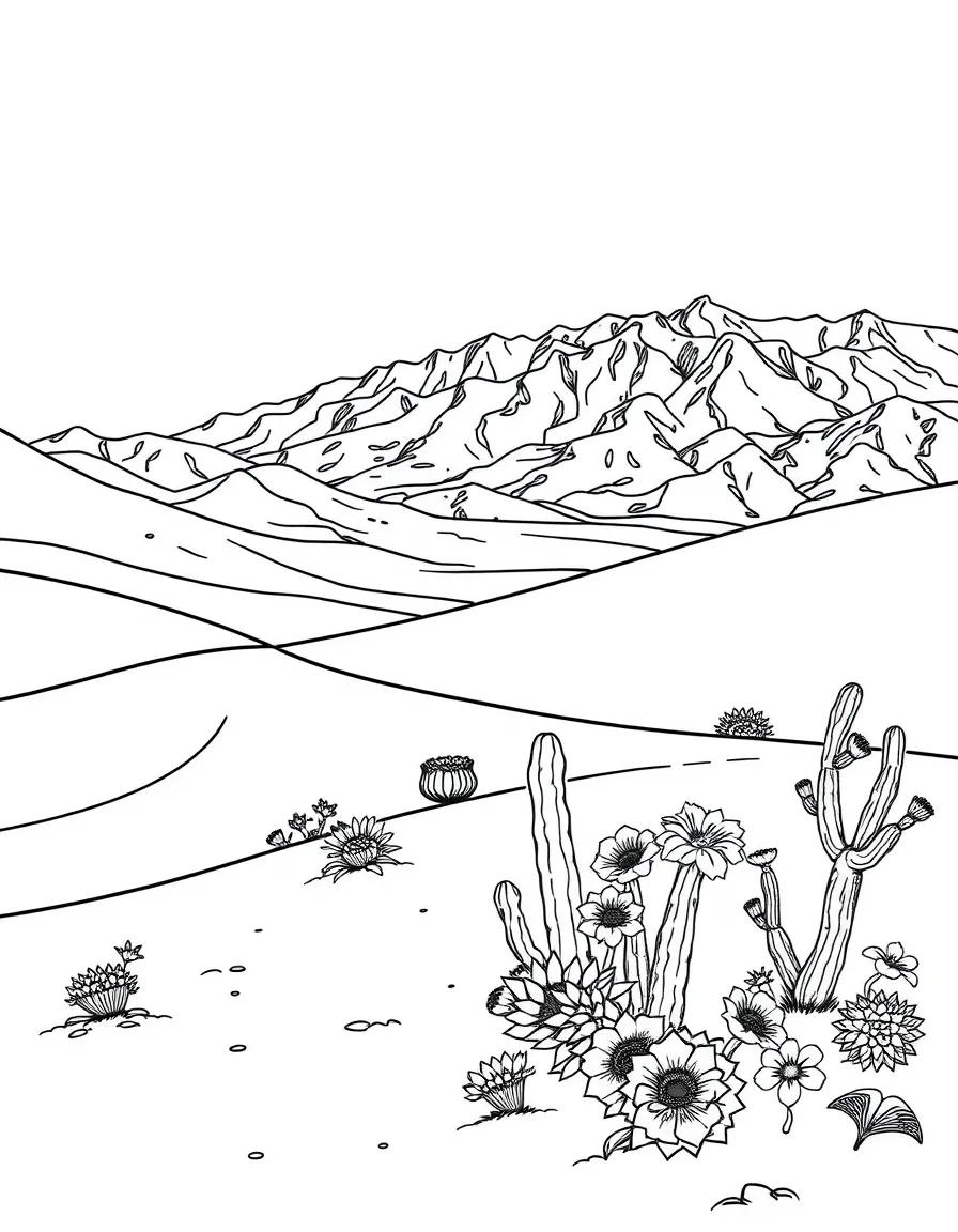 Death Valley's sand dunes with desert survival gear, cactus flowers, Death Valley wildflowers, and extreme landscape survival scenes