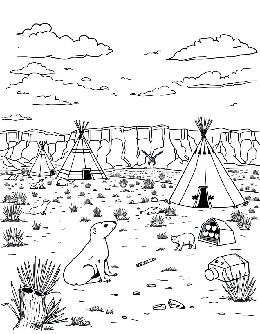 Badlands National Park with prairie dogs, Native American tepees, fossil dig sites, Great Plains wildlife, and paleontology tools