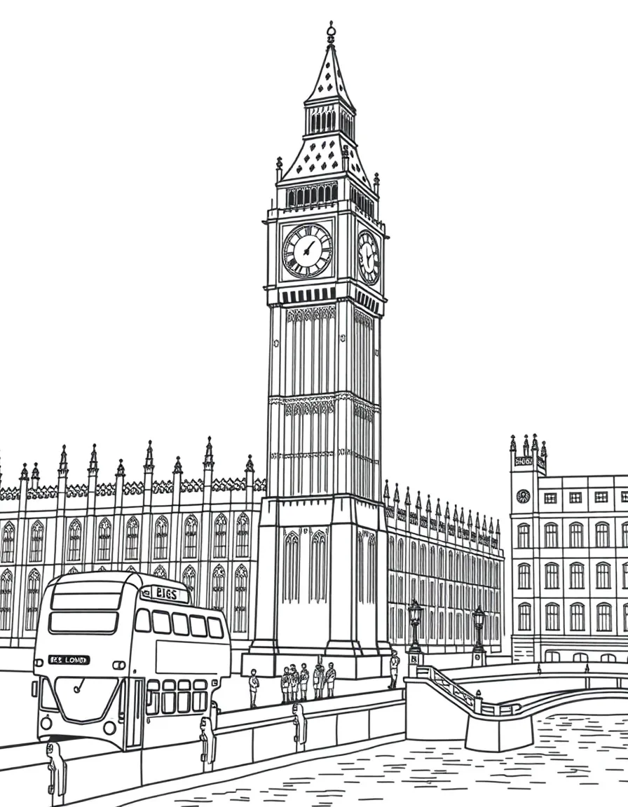 The Palace of Westminster's Big Ben with London double-decker buses, Thames River scenes, British royal guards, and parliamentary symbols