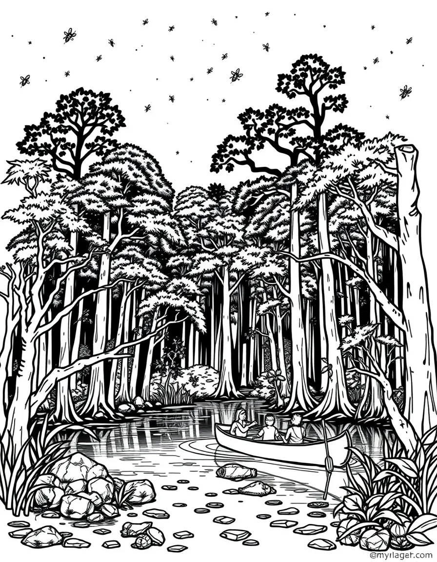Congaree National Park with fireflies, old growth forests, canoeing families, South Carolina wildlife, and swamp ecosystem scenes