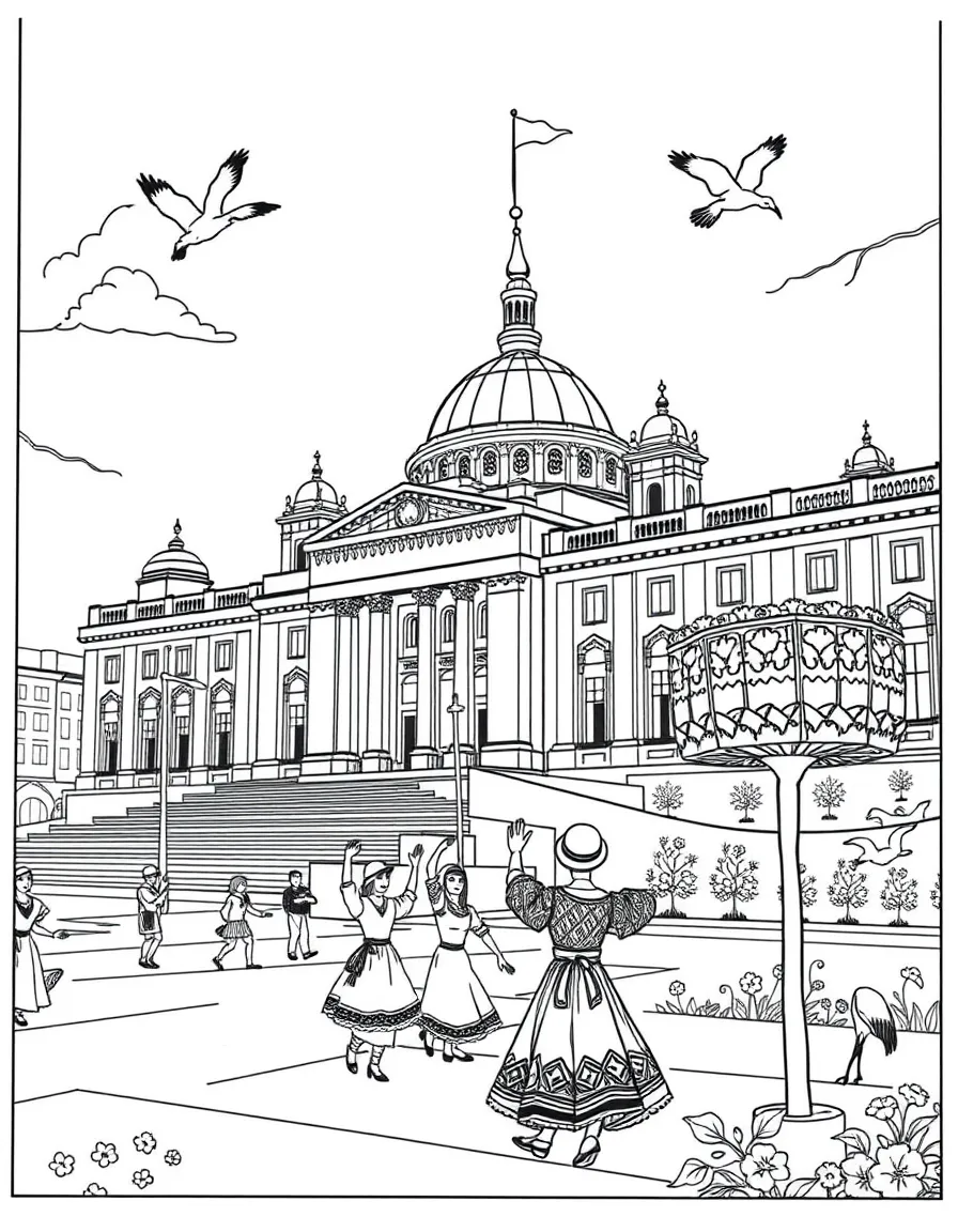 The Palace of Culture and Science in Warsaw with Polish folk dancers, traditional embroidery, stork nests, and Eastern European architecture