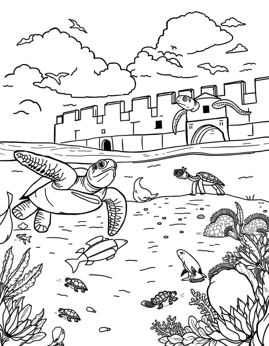 Dry Tortugas with sea turtles, historic fort walls, snorkeling gear, Florida Keys wildlife, and underwater treasure hunting scenes