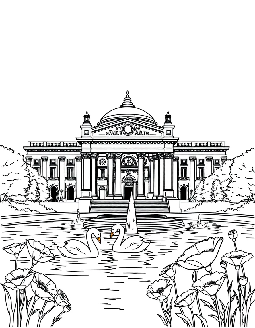 The Palace of Fine Arts in San Francisco with swan boats, Roman architecture, earthquake memorial symbols, and California golden poppies