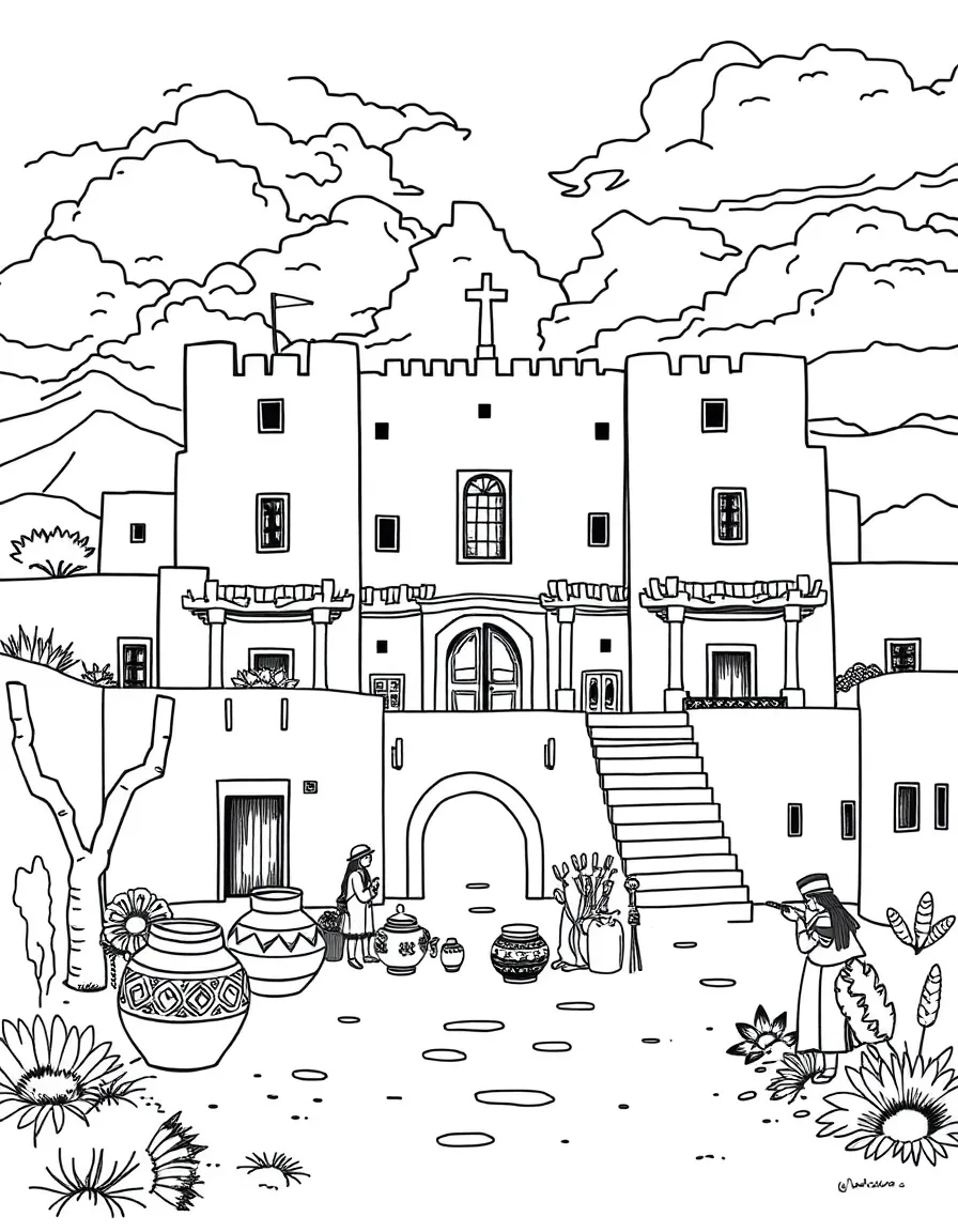The Palace of the Governors with Native American pottery, adobe architecture, Spanish colonial elements, and southwestern trading post scenes