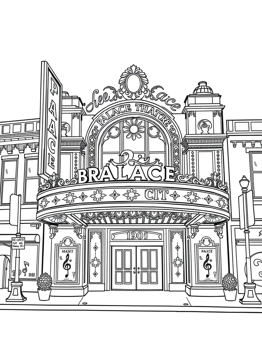 The Palace Theatre with Broadway musical notes, theater masks, vintage marquee lights, and New York City entertainment district symbols