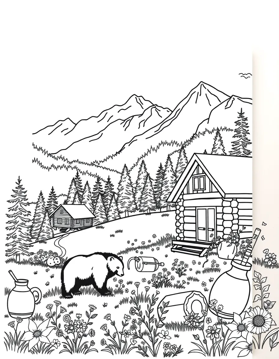 Great Smoky Mountains with black bears, Appalachian log cabins, wildflower meadows, moonshine jugs, and mountain folk music instruments