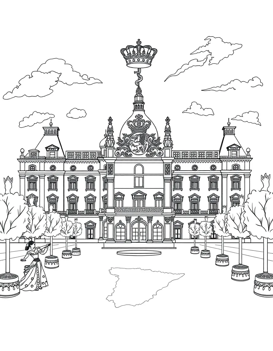 The Palacio Real in Madrid with Spanish royal crowns, flamenco dancers, bullfighting capes, Iberian Peninsula maps, and Moorish decorations