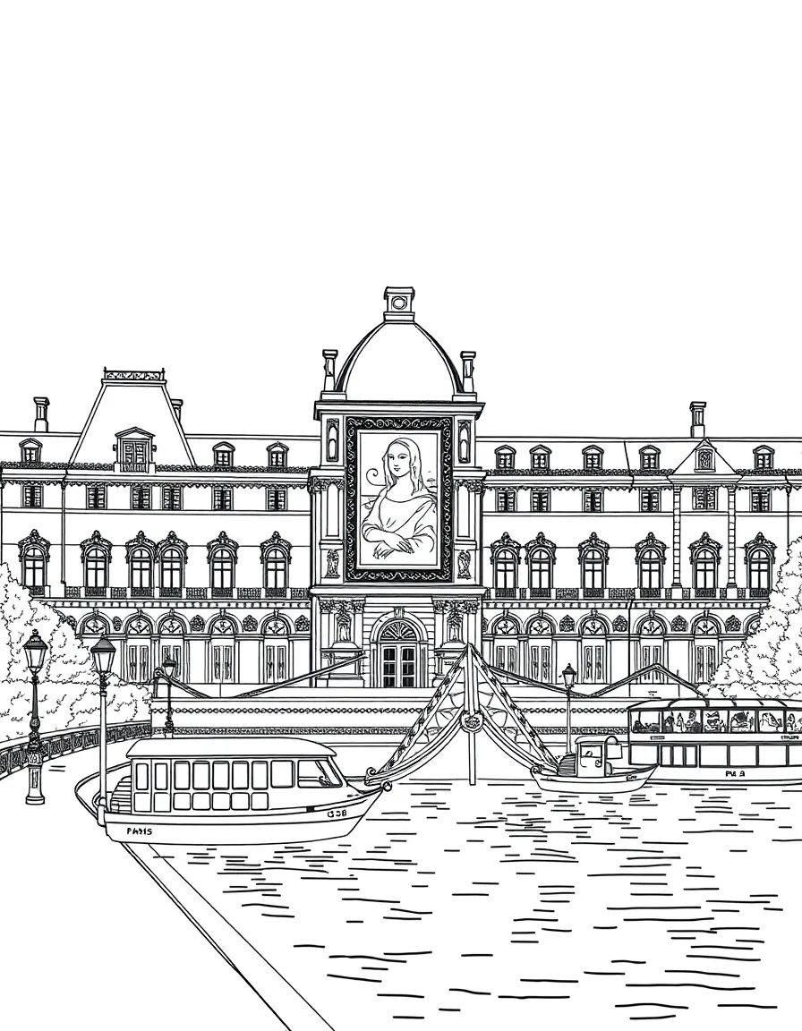 The Palais du Louvre with Mona Lisa frames, French Renaissance art, Seine River boats, and Parisian café culture symbols