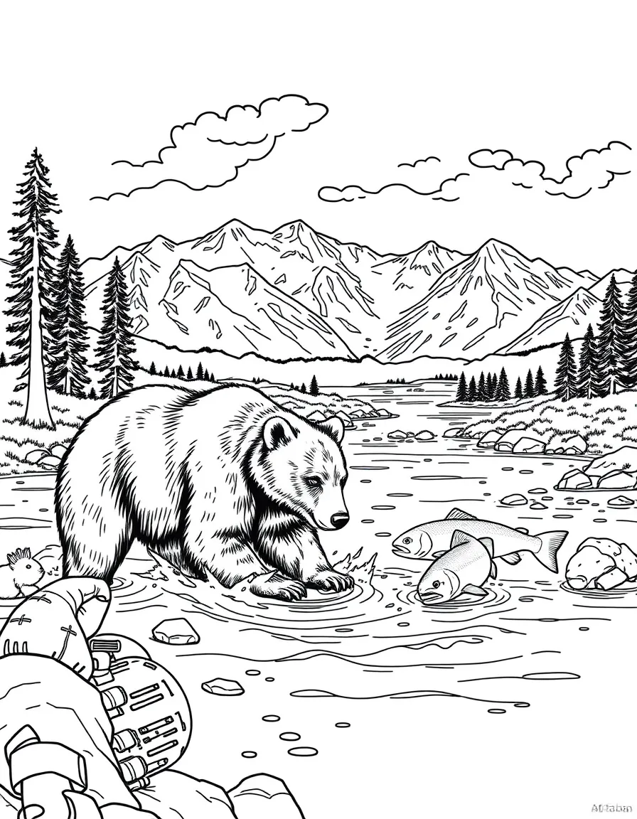 Katmai National Park with brown bears fishing for salmon, Alaska wilderness, volcanic landscapes, and wildlife photography equipment