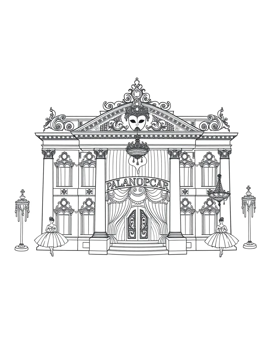 The Palais Garnier Opera House with ballet tutus, opera masks, crystal chandeliers, and Phantom of the Opera musical symbols