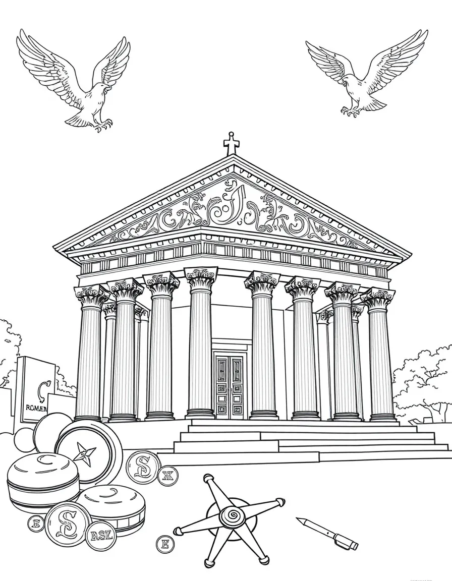 The Pantheon in Rome with Roman eagles, ancient coins, architectural compass tools, and classical column capital decorations