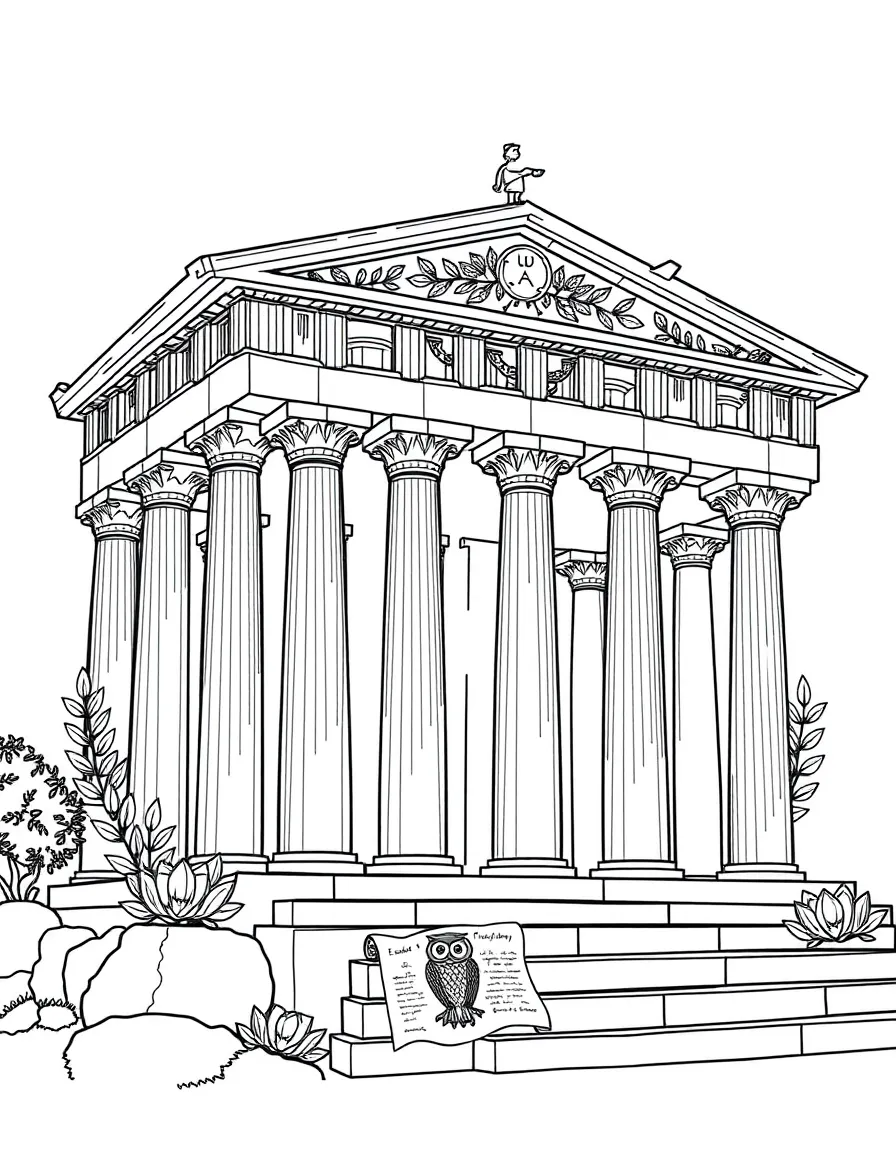 The Parthenon with Greek olive wreaths, ancient philosophy scrolls, Athenian owl symbols, and Mediterranean architectural elements