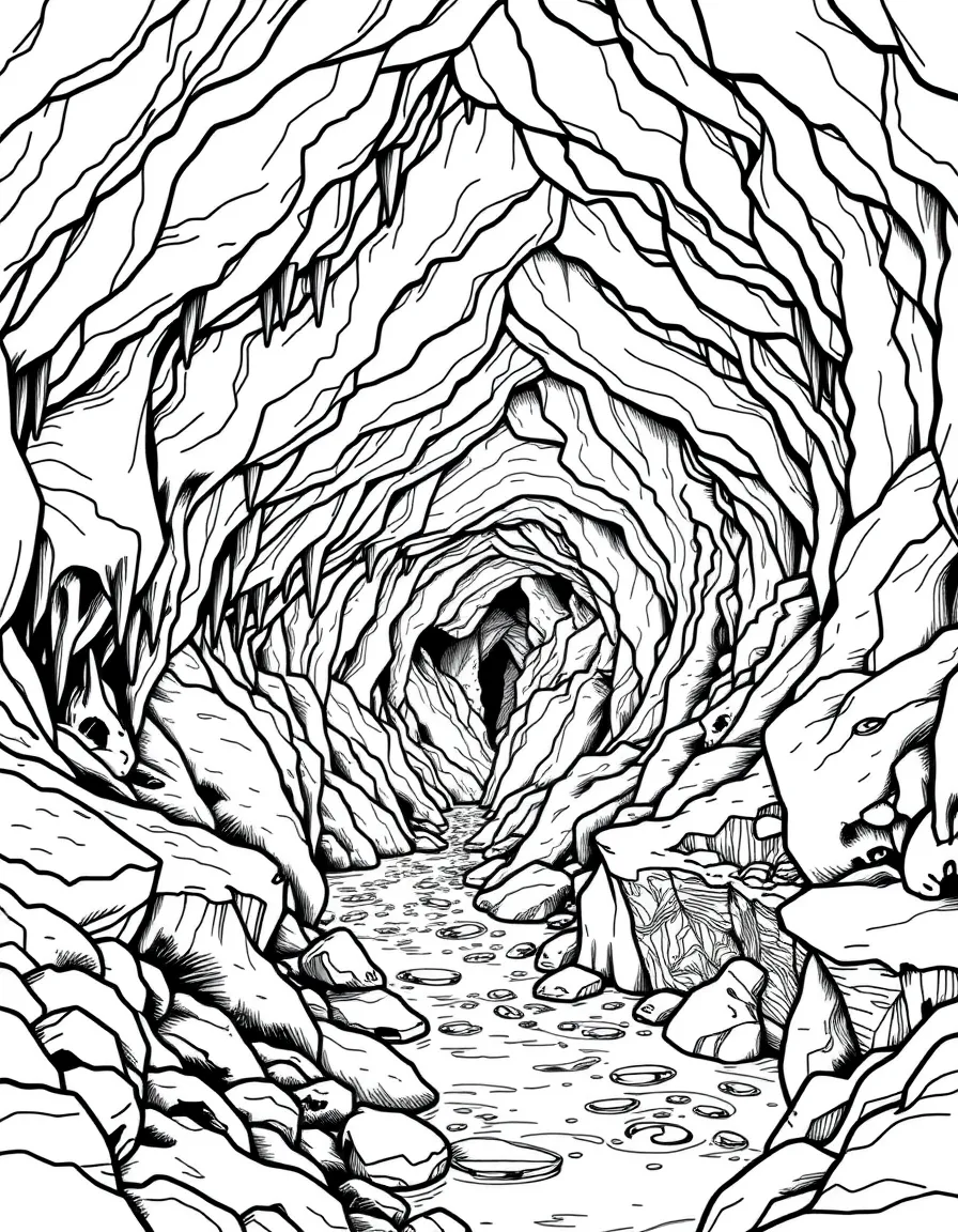 Mammoth Cave with underground rivers, Kentucky wildlife, spelunking equipment, and limestone cave formation cross-sections