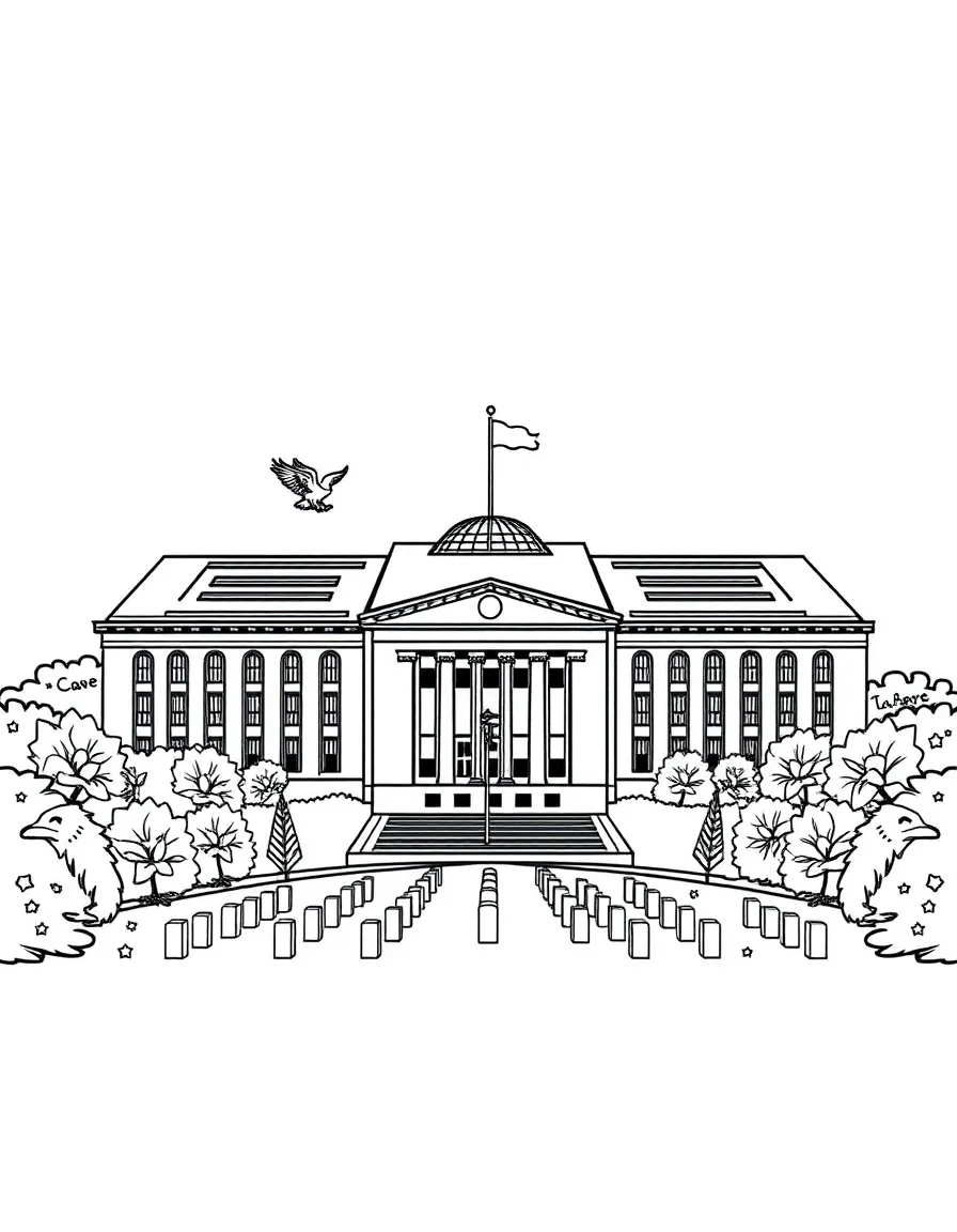 The Pentagon with American eagles, military service ribbons, Arlington Cemetery symbols, and Washington DC monument silhouettes