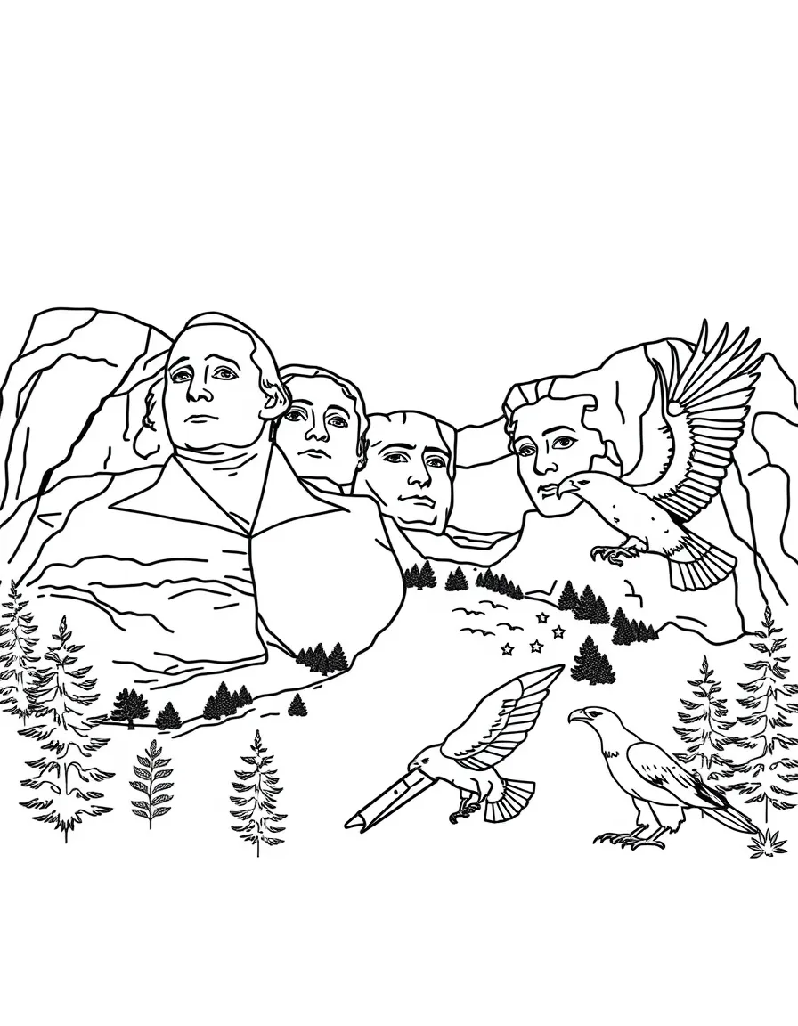 Mount Rushmore with American presidential symbols, Black Hills wildlife, patriotic eagles, and stone carving sculptor tools
