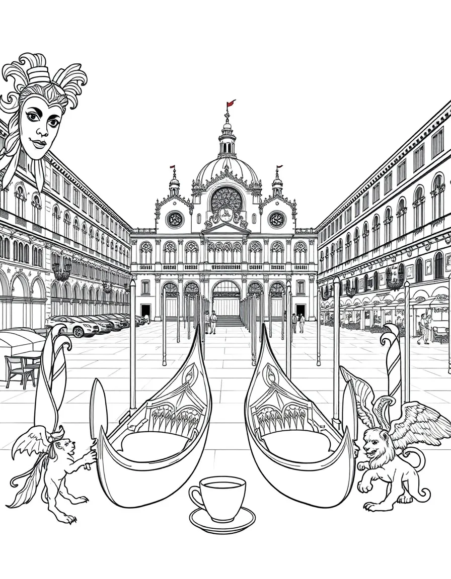 The Piazza San Marco with Venetian carnival masks, gondola oars, Italian coffee cups, and St. Mark's winged lion symbols