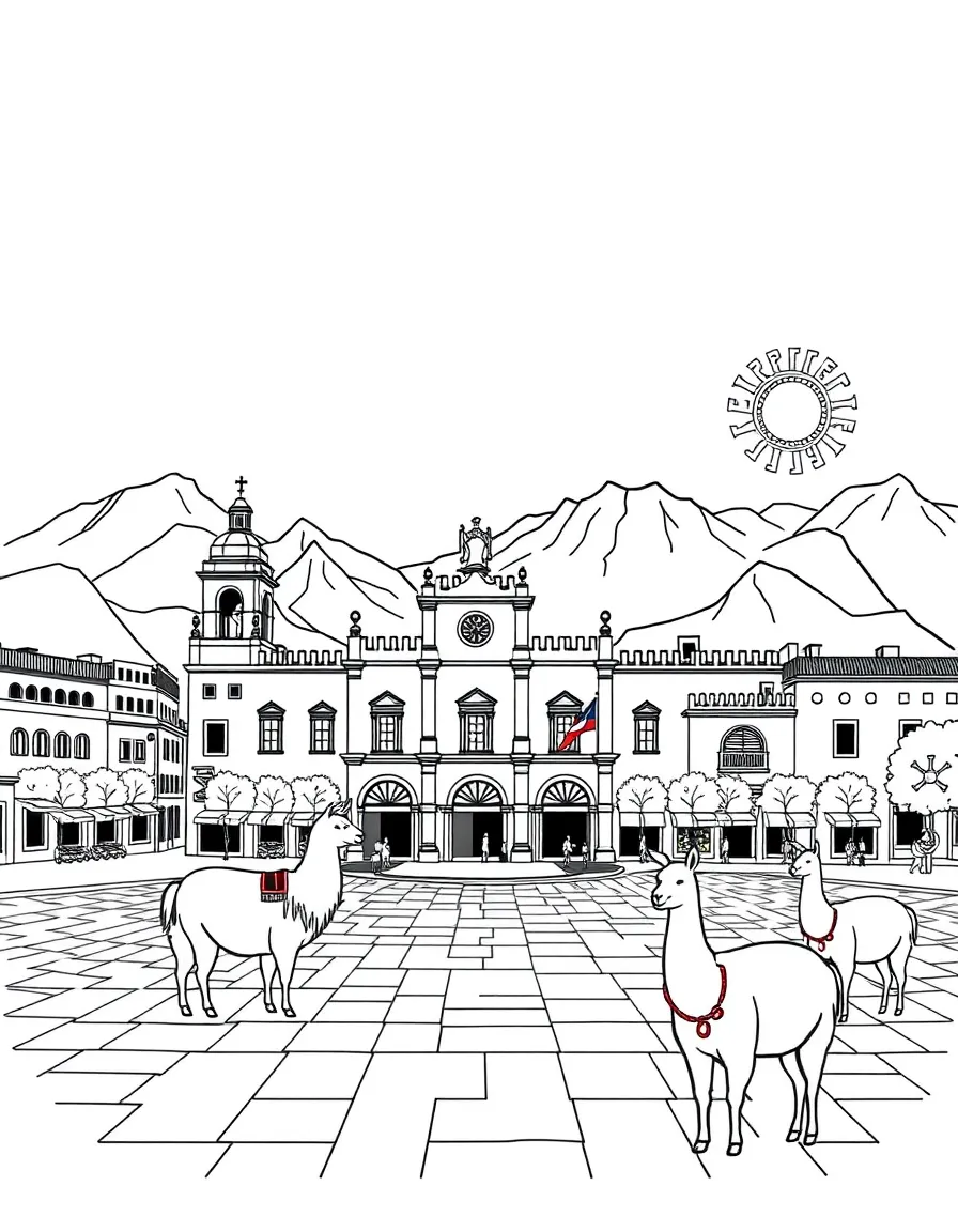 The Plaza de Armas with Spanish colonial architecture, Peruvian llamas, Incan sun symbols, and Andean mountain landscape backgrounds