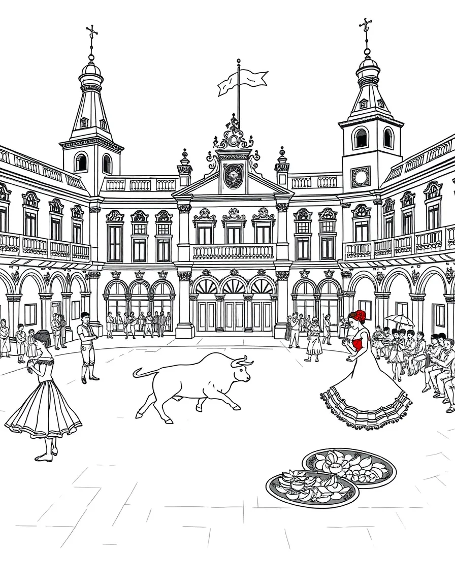 The Plaza Mayor with Spanish bullfighting elements, flamenco dress ruffles, tapas serving plates, and Iberian Peninsula cultural symbols