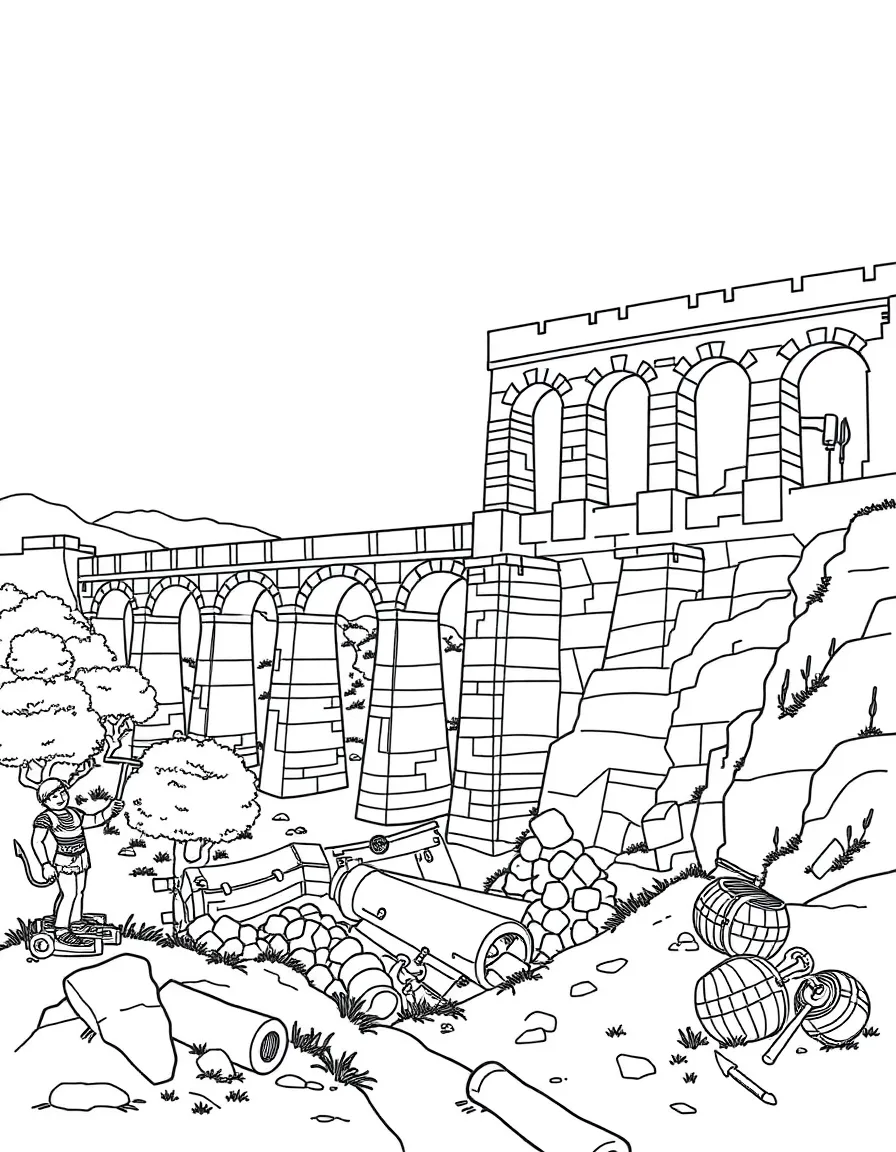 The Pont du Gard with Roman aqueduct engineering, French countryside vineyards, limestone quarry tools, and ancient construction equipment
