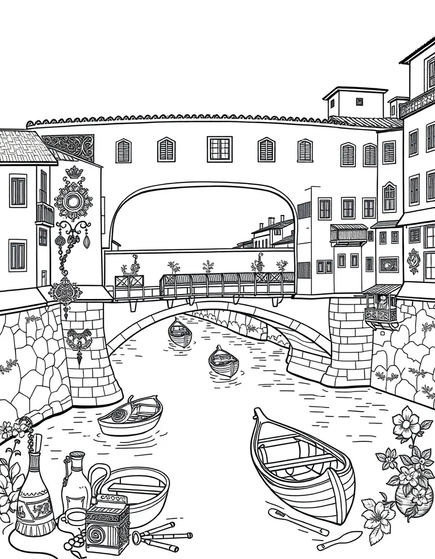 The Ponte Vecchio with Italian Renaissance jewelry, Florentine artisan tools, Arno River boat scenes, and Tuscan countryside elements