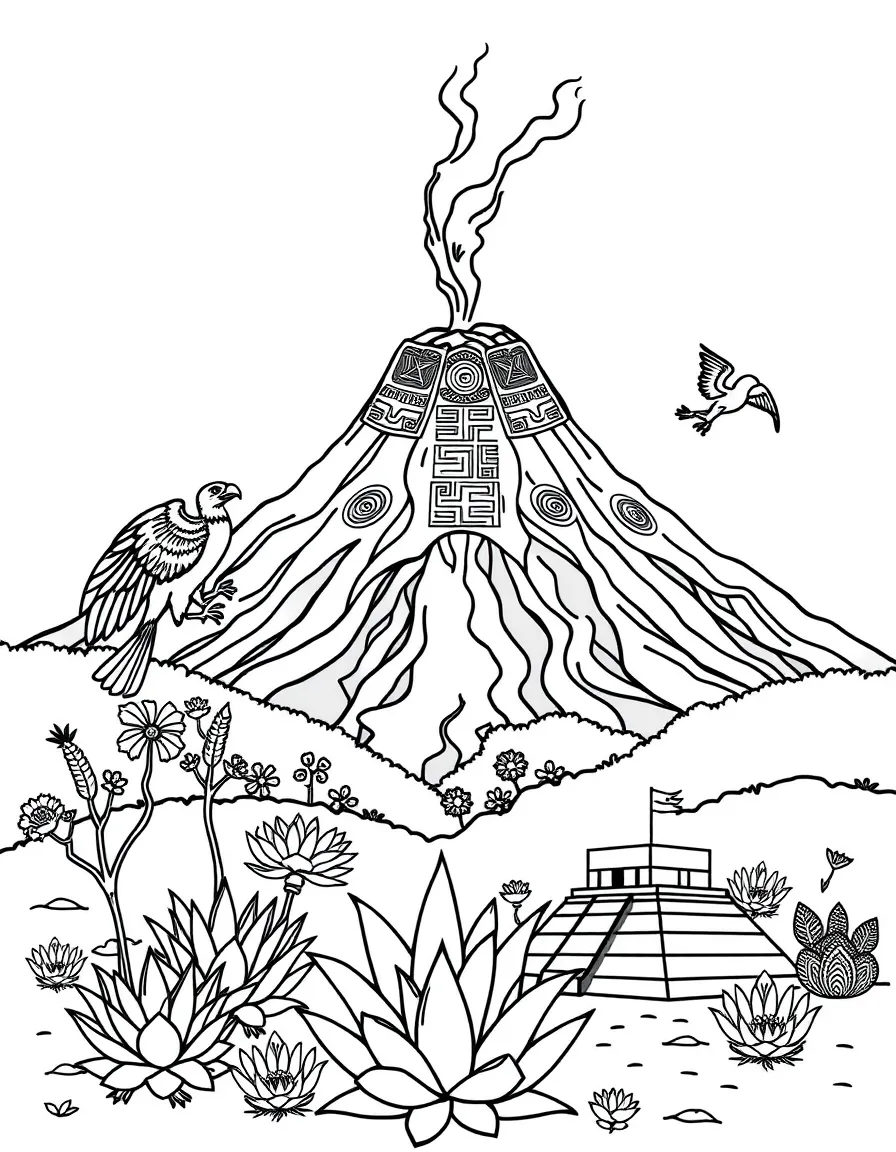 The Popocatépetl volcano with Aztec symbols, Mexican eagle and serpent, agave plants, and pre-Columbian pyramid silhouettes