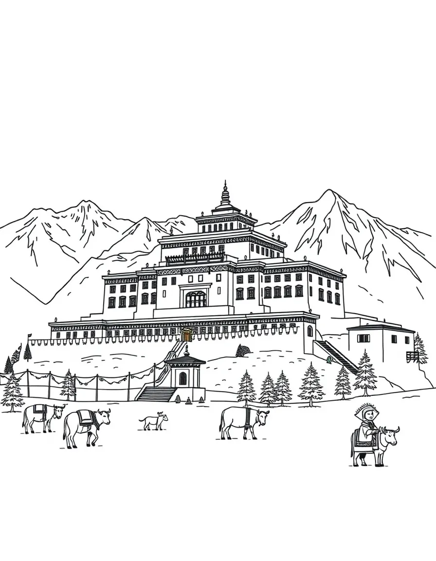 The Potala Palace with Tibetan prayer flags, yak caravans, Himalayan snow peaks, and Buddhist meditation symbols