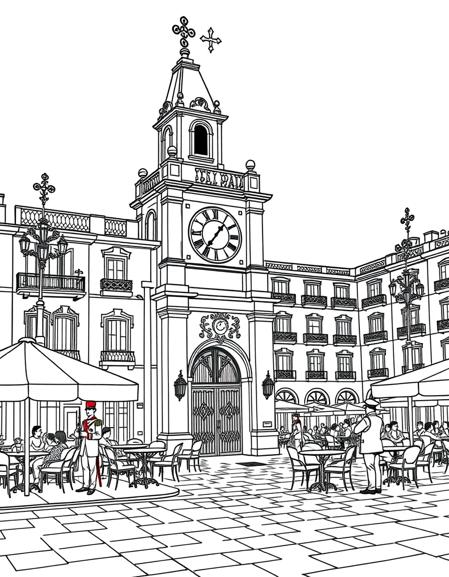 The Puerta del Sol with Spanish clock tower, Madrid street café tables, royal palace guards, and Iberian cultural celebration elements