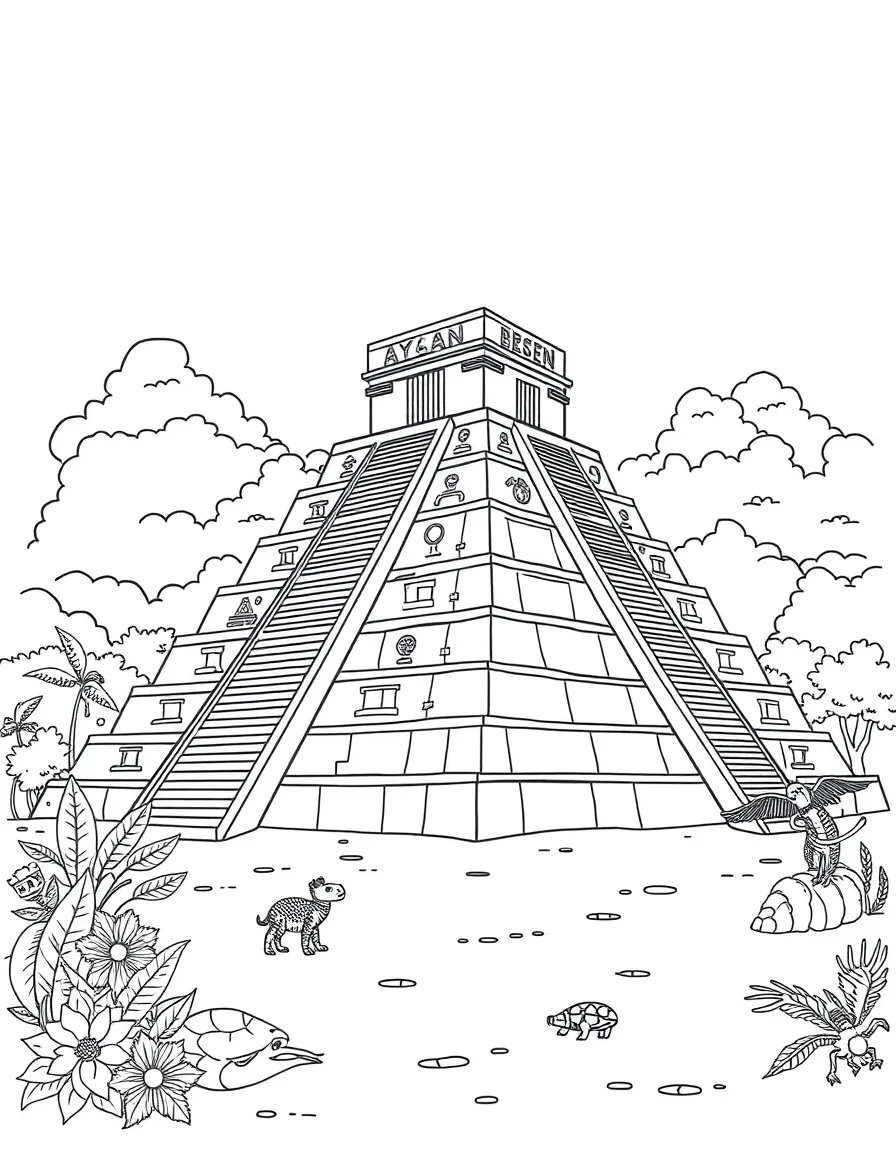 The Pyramid of Kukulcán with Mayan feathered serpent symbols, Yucatan jungle wildlife, ancient calendar stones, and pre-Columbian astronomy