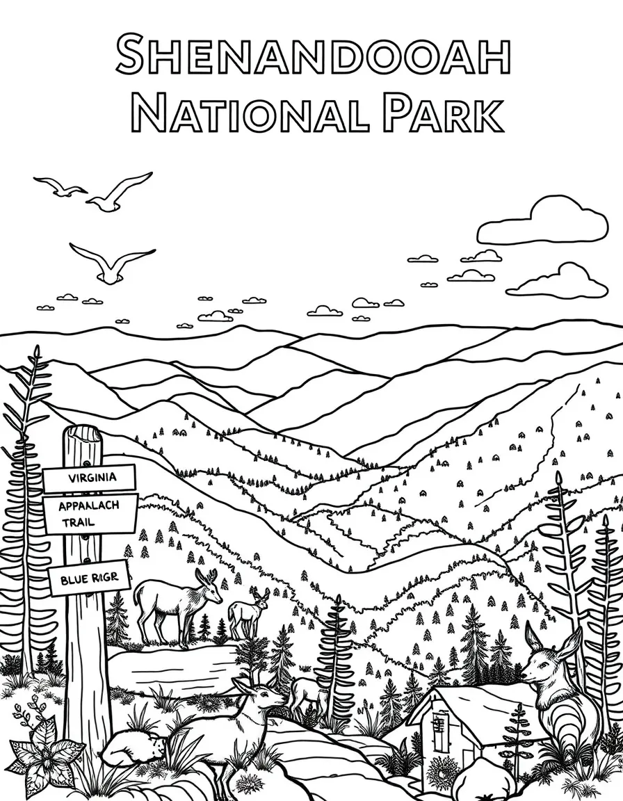 Shenandoah National Park with Virginia wildlife, Appalachian Trail markers, Blue Ridge Mountain vistas, and Civil War historical elements