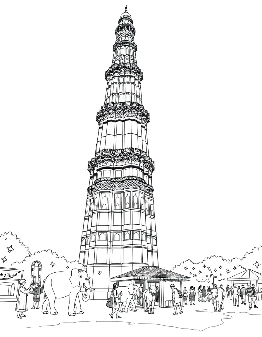 The Qutub Minar with Indian elephants, Mughal architecture details, Delhi street market symbols, and Indo-Islamic decorative patterns