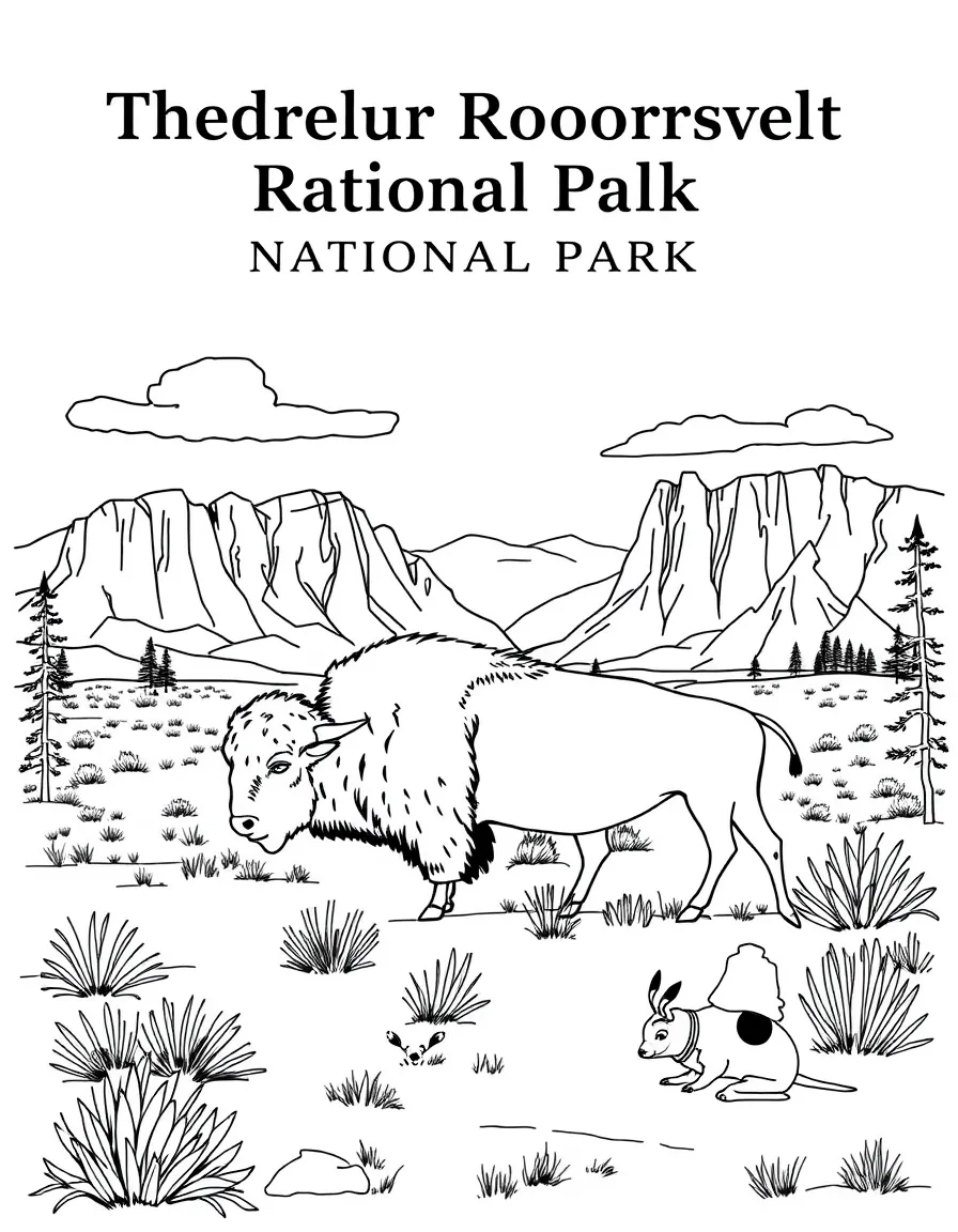 Theodore Roosevelt National Park with American bison, badlands formations, prairie dog colonies, and Rough Rider historical symbols