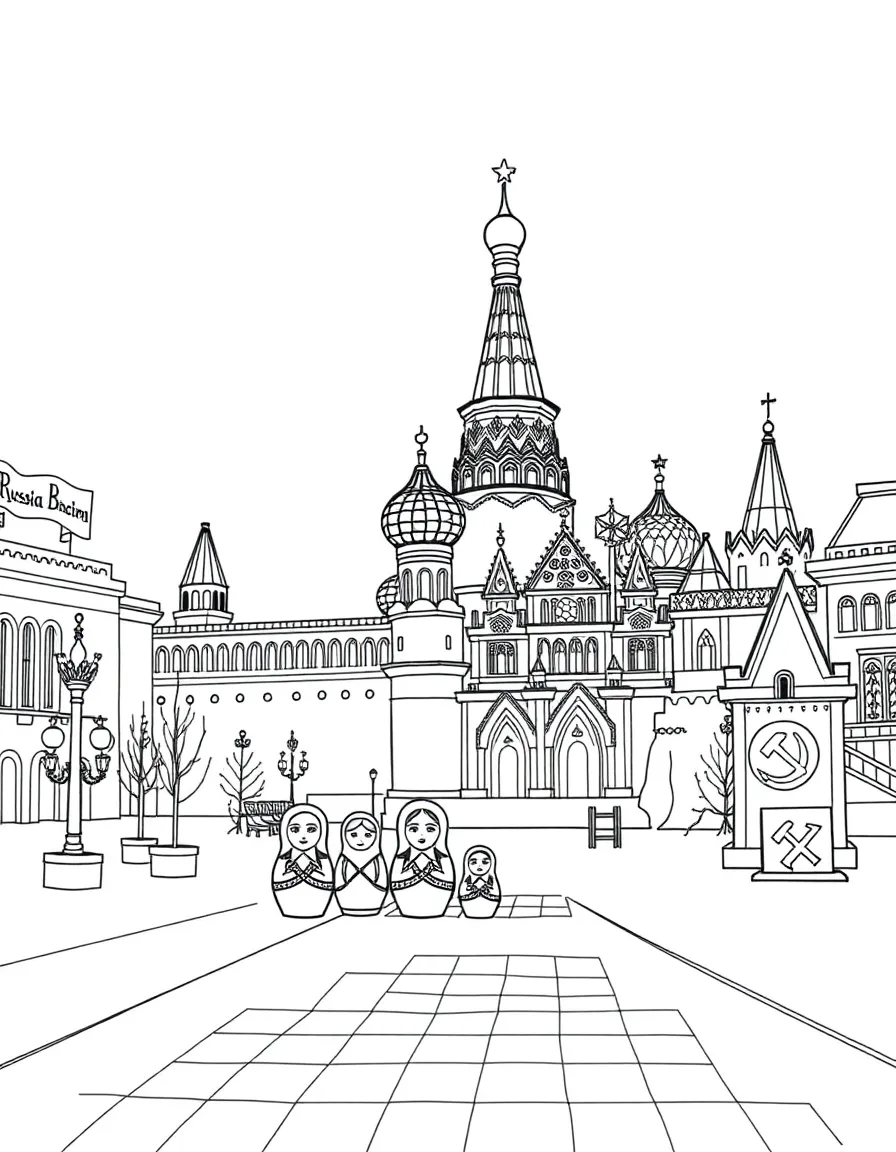 The Red Square with Russian matryoshka dolls, Kremlin wall decorations, Saint Basil's colorful onion domes, and Soviet-era symbols