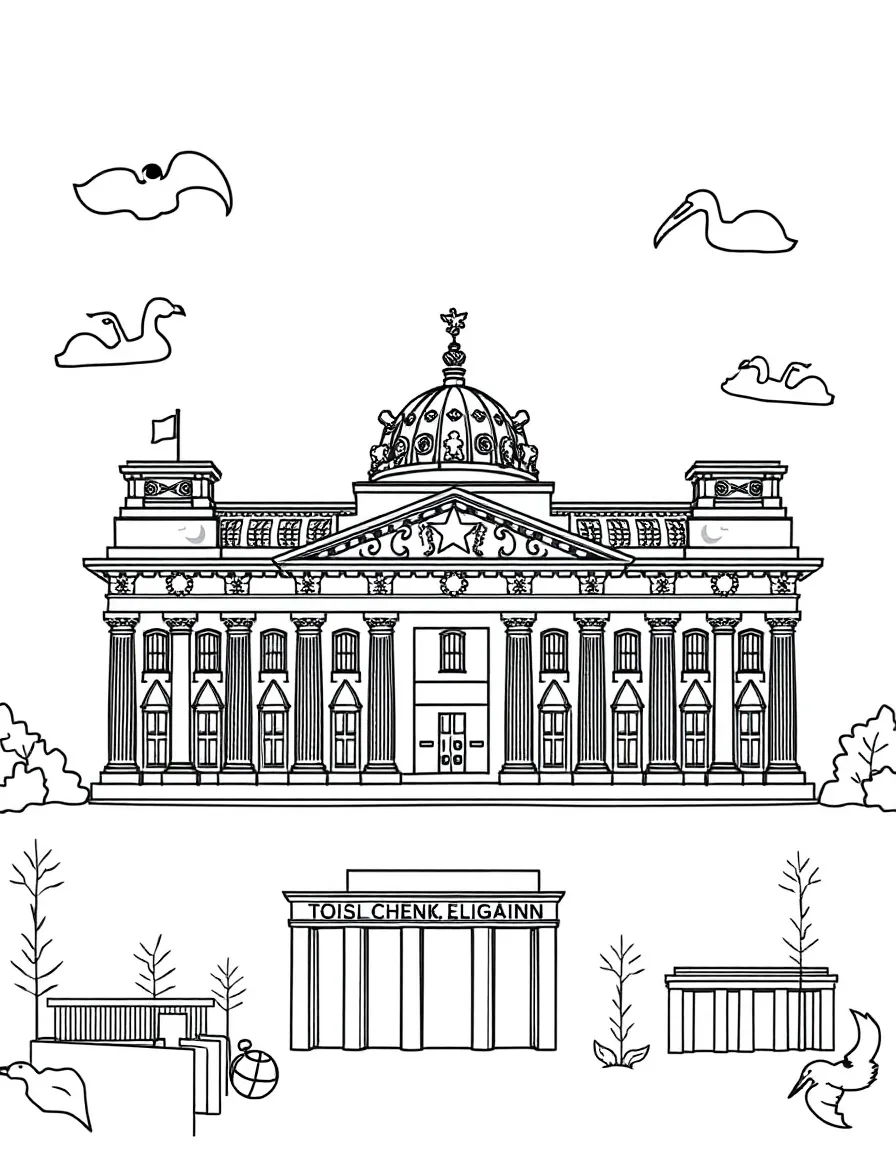 The Reichstag with German reunification symbols, Brandenburg Gate silhouettes, Berlin Wall pieces, and modern German democratic elements