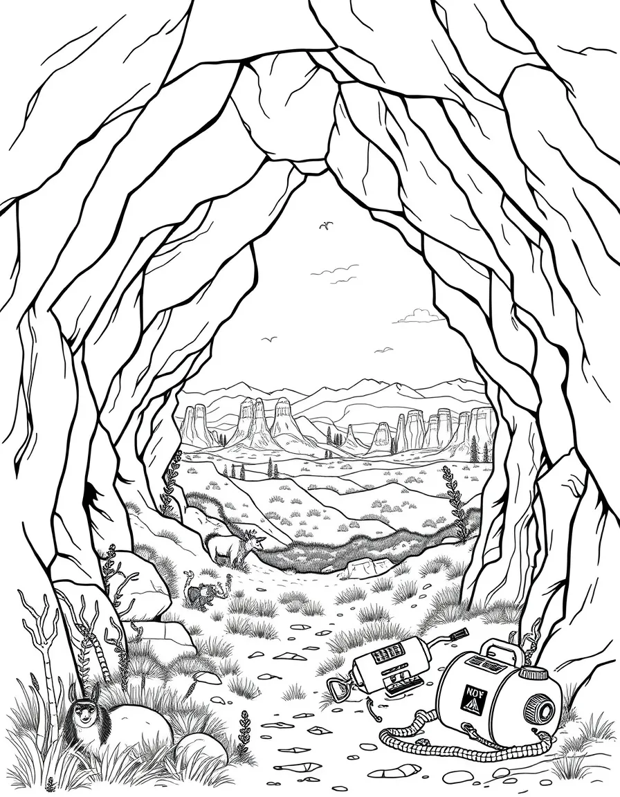 Wind Cave with prairie wildlife, South Dakota badlands, Native American sacred symbols, and underground cave exploration equipment