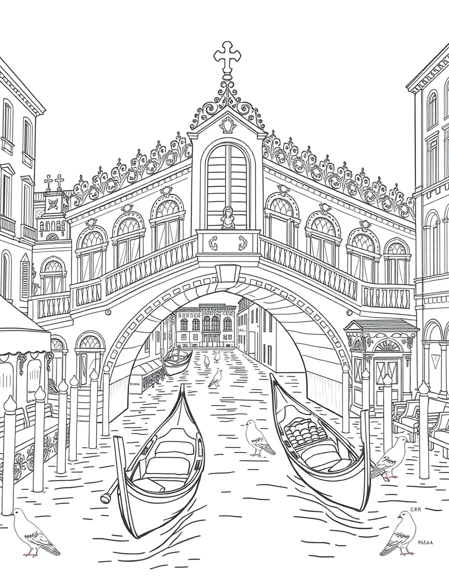 The Rialto Bridge with Venetian merchant symbols, Grand Canal gondolas, Italian Renaissance trade goods, and St. Mark's Square pigeons