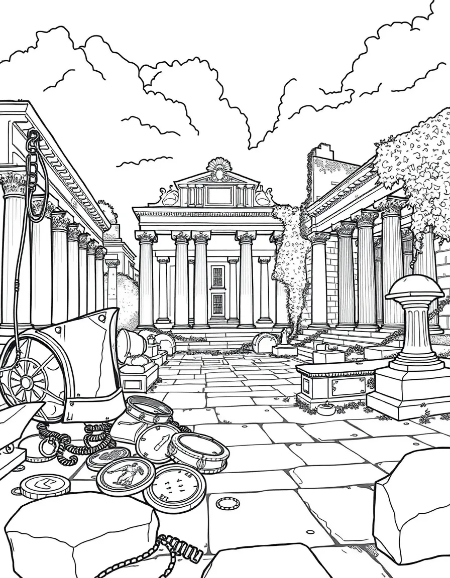 The Roman Forum with gladiator equipment, ancient Roman coins, marble statue fragments, and ivy-covered classical ruins