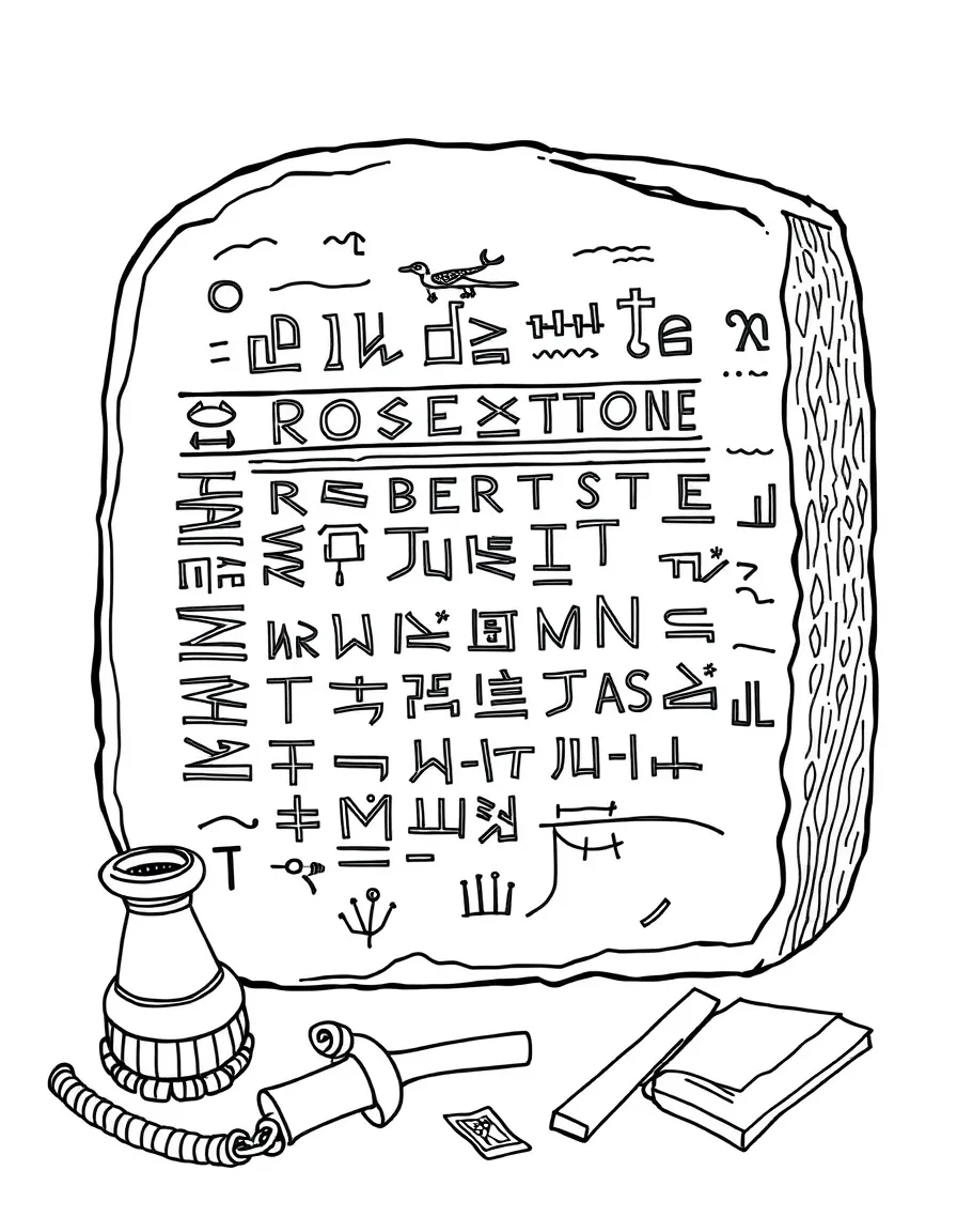 The Rosetta Stone with Egyptian hieroglyphs, British Museum artifacts, ancient scribes' tools, and archaeological discovery symbols
