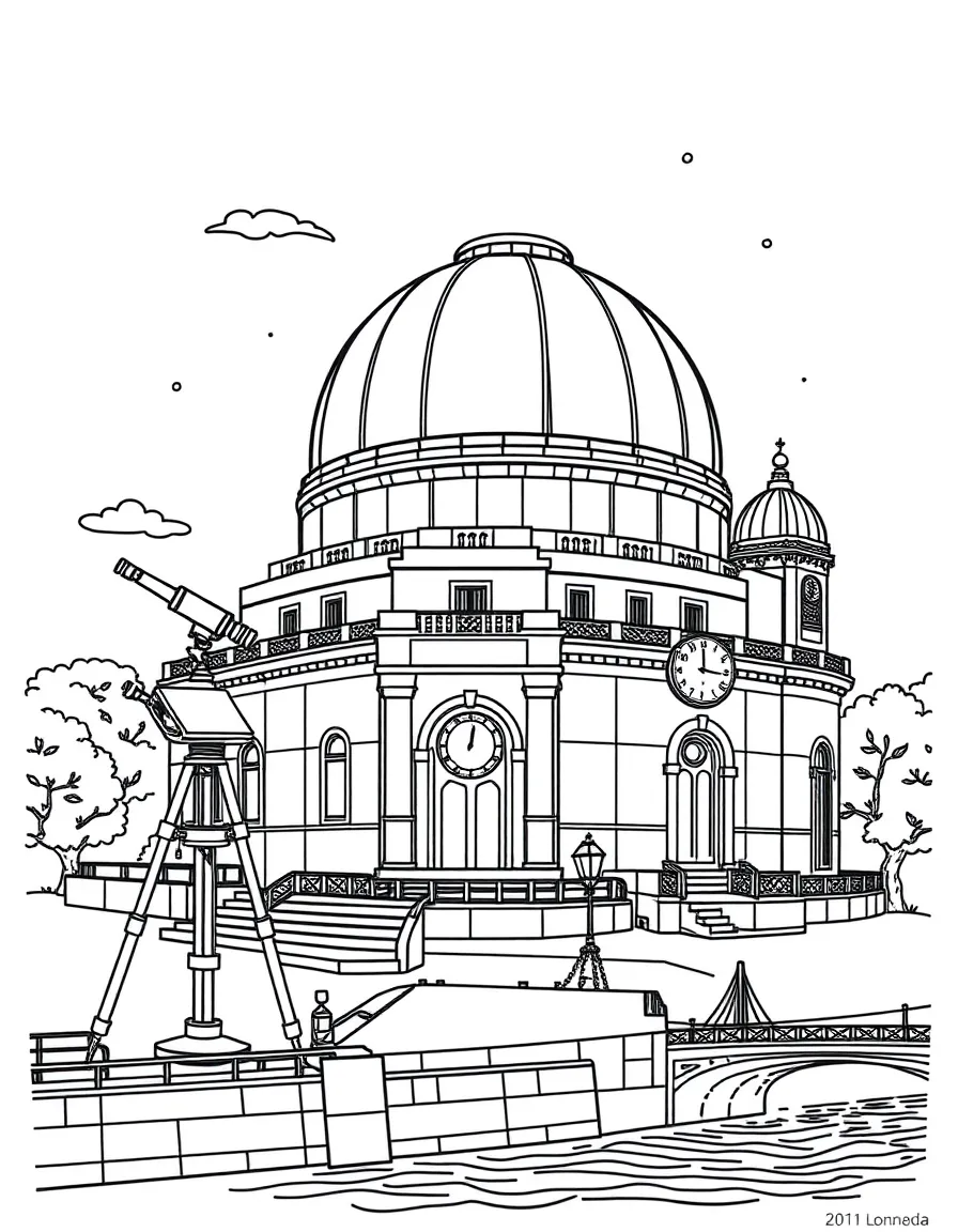 The Royal Observatory with astronomical telescopes, Greenwich Mean Time clocks, maritime navigation tools, and London Thames River views