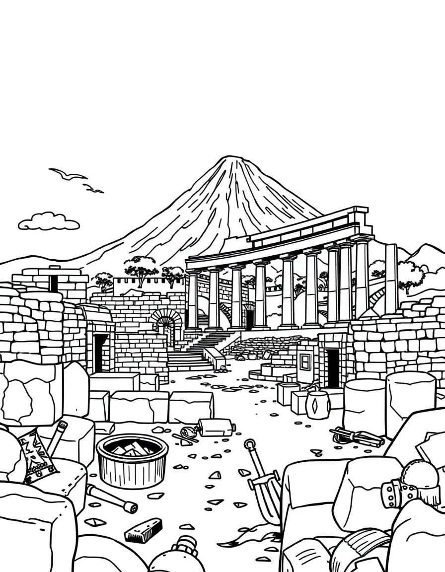 The Ruins of Pompeii with Mount Vesuvius silhouettes, ancient Roman daily life objects, archaeological excavation tools, and preserved frescoes